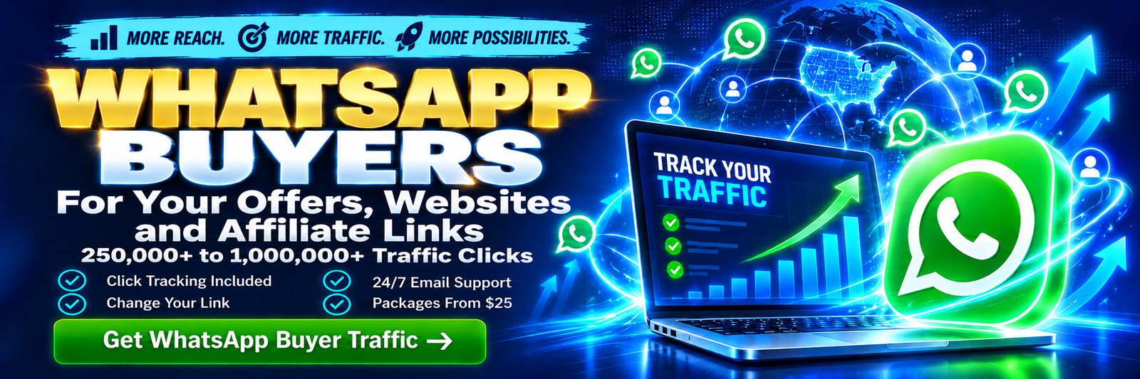 WhatsApp Buyers for Your Offers, Websites and Affiliate Links. 250,000+ to 1,000,000+ traffic clicks. Click tracking included. Packages from $25.